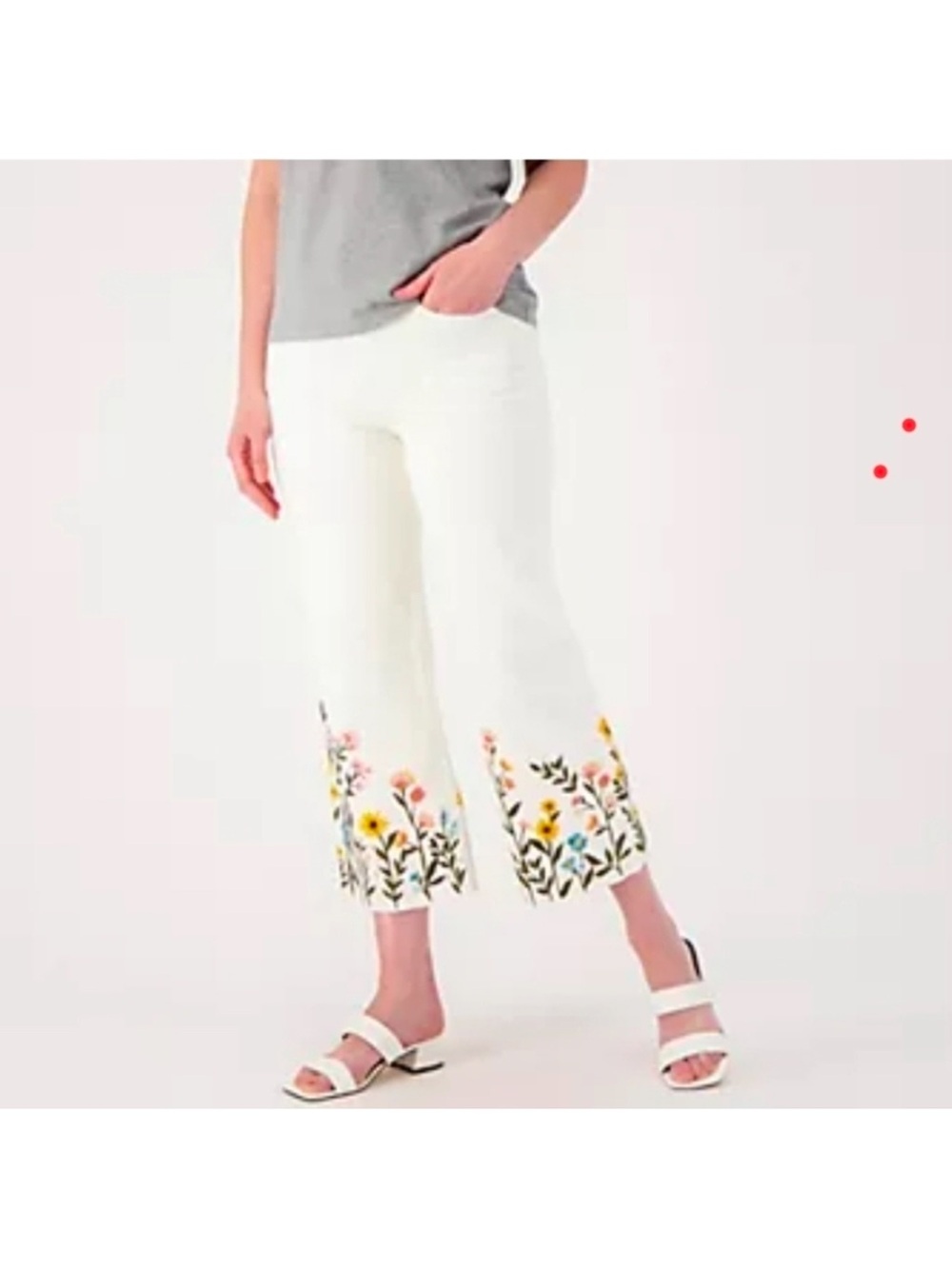 DRIFTWOOD Charlee White Cropped Pants with Floral Embroidery Raw Hem Sz. 12